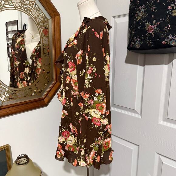VTG Dark Brown & Multicolor Floral Ruffled Long Flare Sleeve Open Front Cardigan - Picture 5 of 8